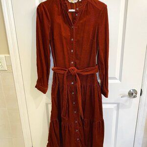 Boden midi tiered chestnut corduroy dress